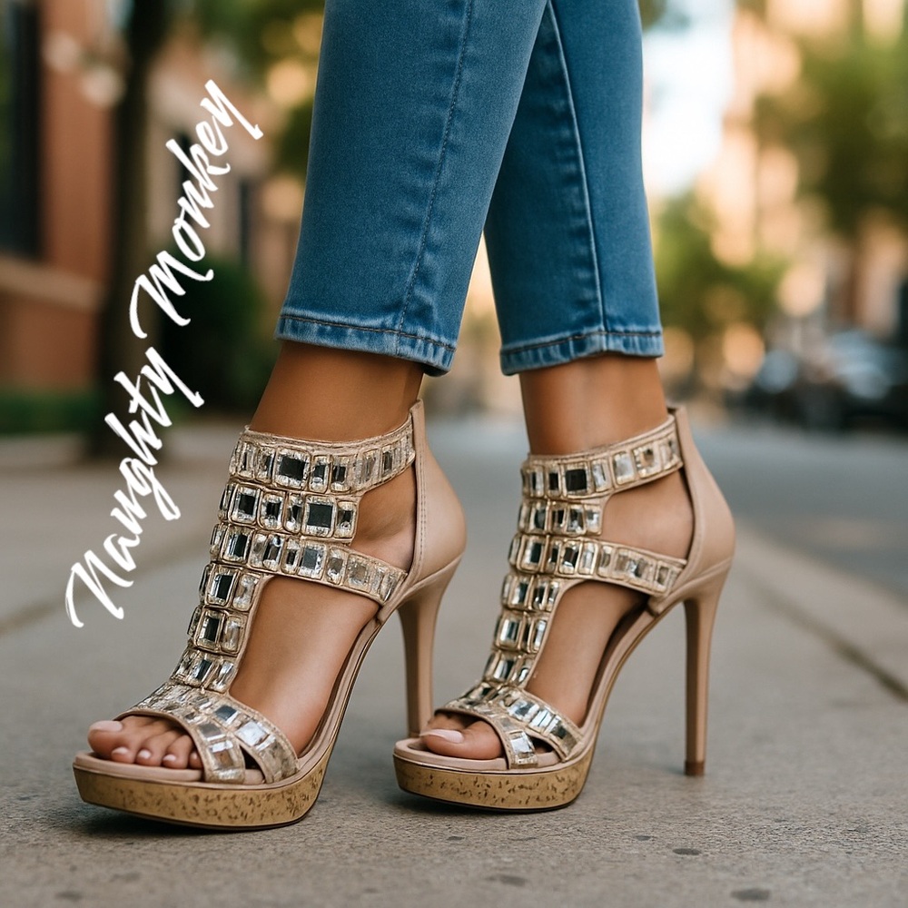 Naughty Monkey Silver and Tan Stiletto Heels with Rhinestone Embellishments